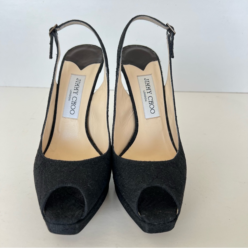 JIMMY CHOO Black Textured Fabric Lace Side Buckle Peep Toe Heel Sandals Sz 37.5 - Picture 3 of 11